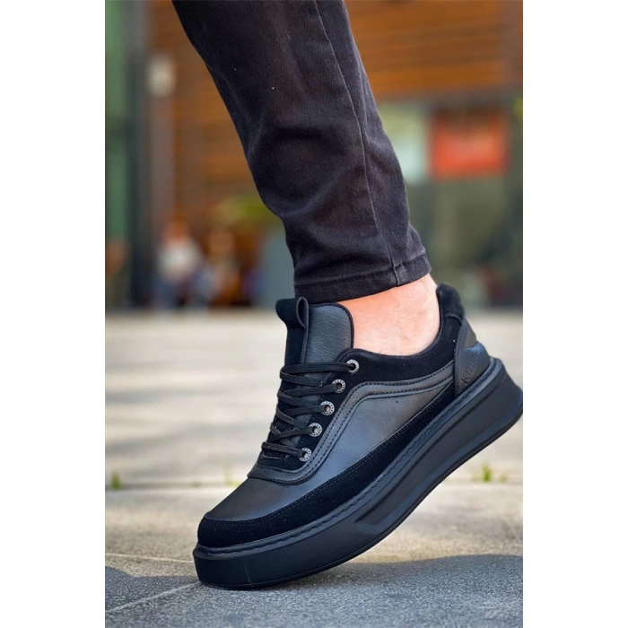 Kb-006 Kuback Siyah Cilt Siyah Yüksek Taban Bağcıklı Günlük Erkek Ayakkabı