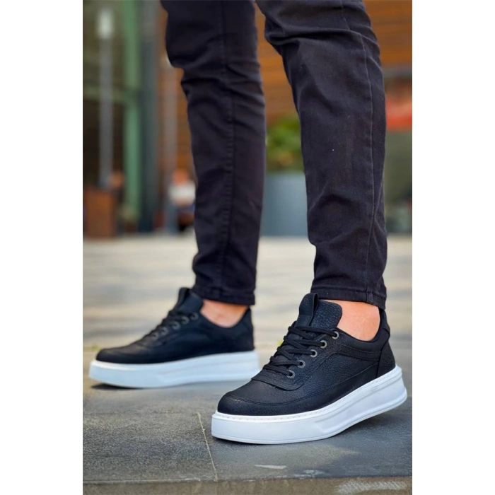 Kb-006 Kuback Siyah Cilt Yüksek Taban Bağcıklı Günlük Erkek Ayakkabı