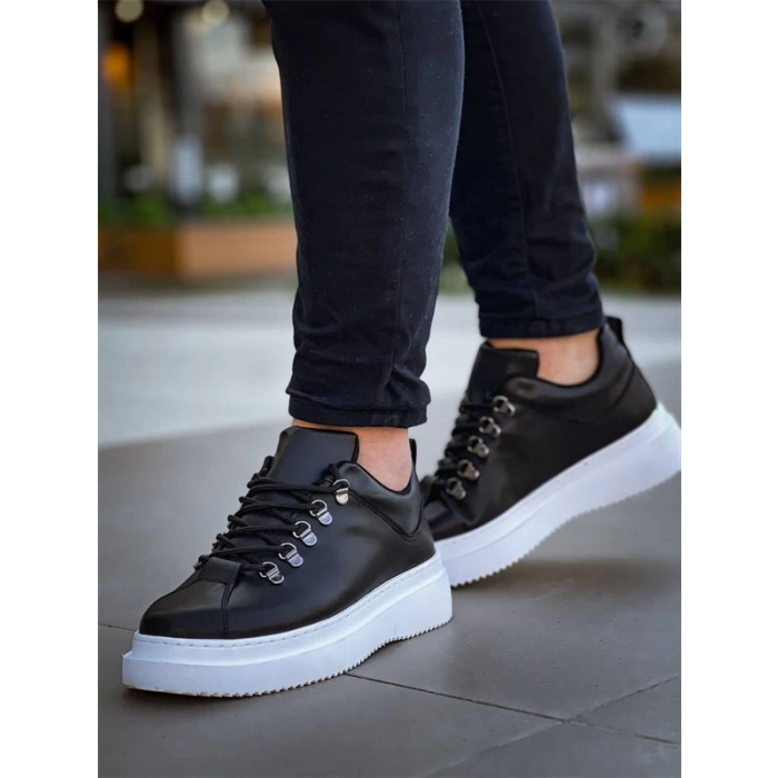 Kb-X4  Kuback Siyah Cilt Yüksek Taban Bağcıklı Günlük Erkek Ayakkabı