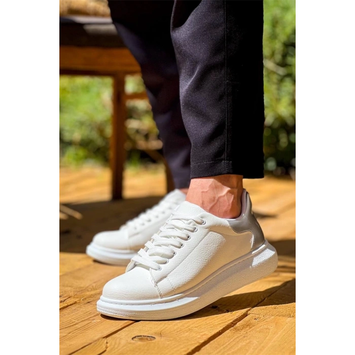 Kb-X500  Kuback Beyaz Gümüş Yüksek Taban Bağcıklı Günlük Erkek Ayakkabı