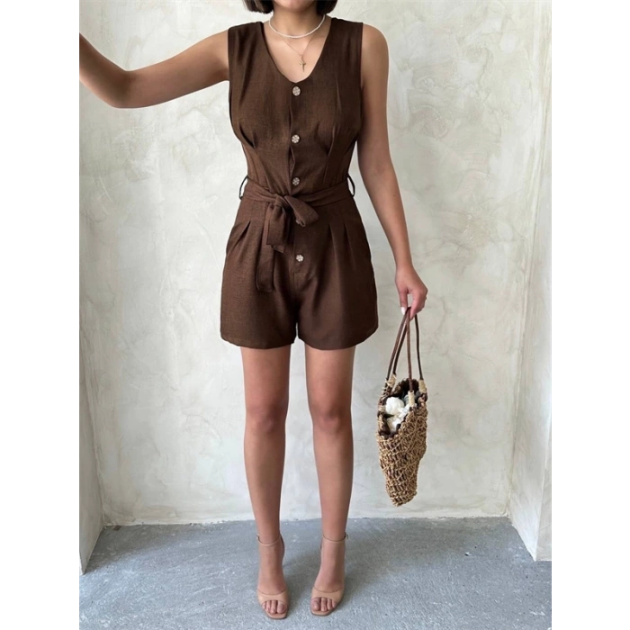 Kuşaklı şortlu tulum