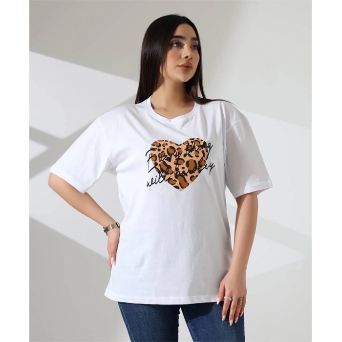Leopar kalp Baskılı Kadın T-Shirt