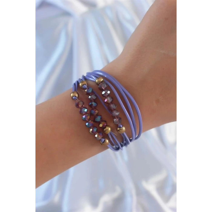 Lila Renk Zirkon Taşlı İpli Çoklu Bileklik