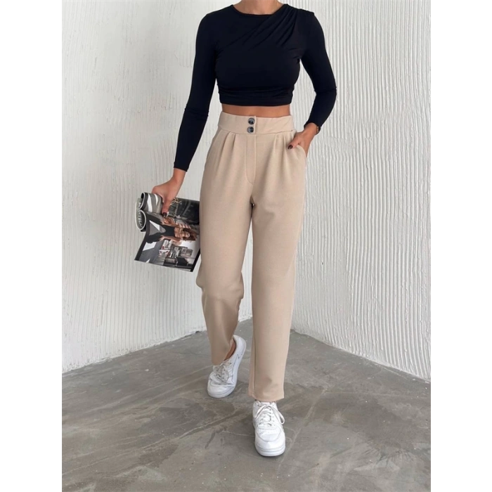 Örme Krep Pantolon Çift Düğmeli