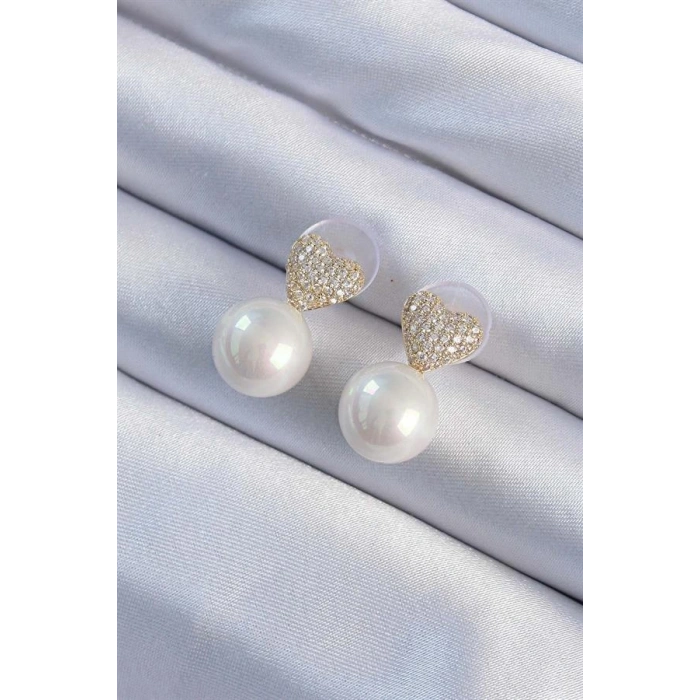 Pirinç Altın Renk Zirkon Taşlı Kalp Model İnci Tasarım Kadın Küpe