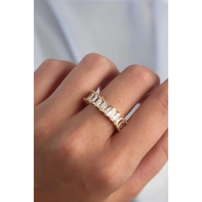 Pirinç Ayarlamalı Gold Renk Baget Taşlı Su Yolu Yüzük