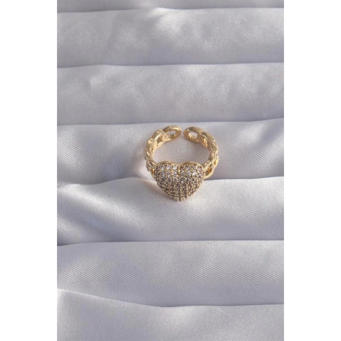 Pirinç Ayarlamalı Gold Renk Zirkon Taşlı Bombeli Kalp Yüzük