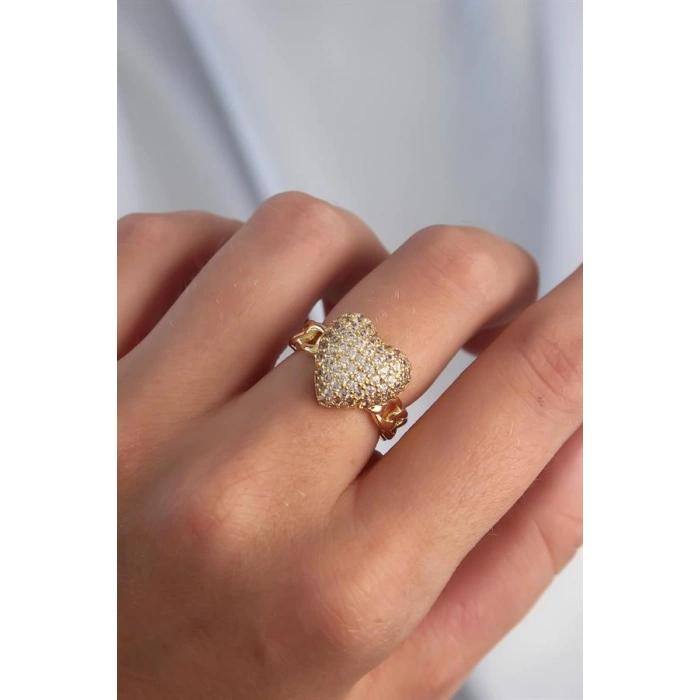 Pirinç Ayarlamalı Gold Renk Zirkon Taşlı Bombeli Kalp Yüzük