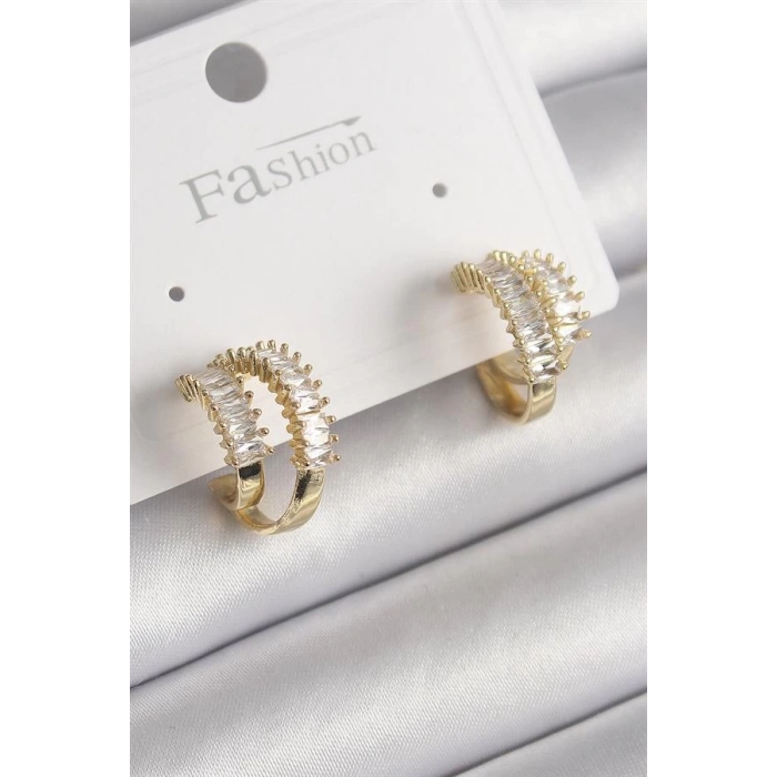 Pirinç Gold Renk 2Li Zirkon Taşlı Halka Model Kadın Küpe