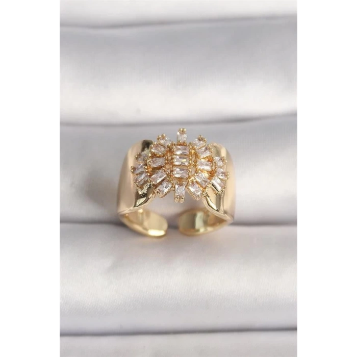 Pirinç Gold Renk Ayarlanabilir Baget Zirkon Taş Kadın Yüzük