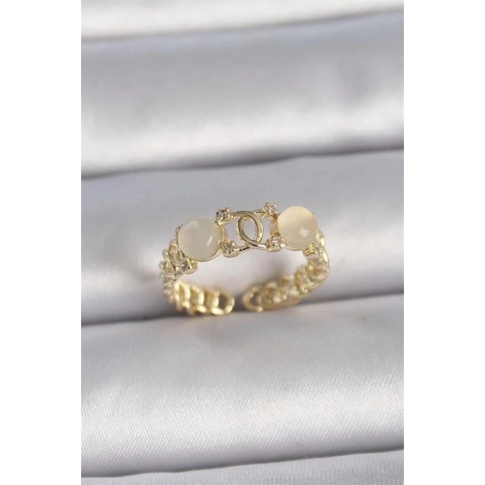 Pirinç Gold Renk Ayarlanabilir Zirkon Taşlı Beyaz Mineli Birleşik Halka Model Kadın Yüzük