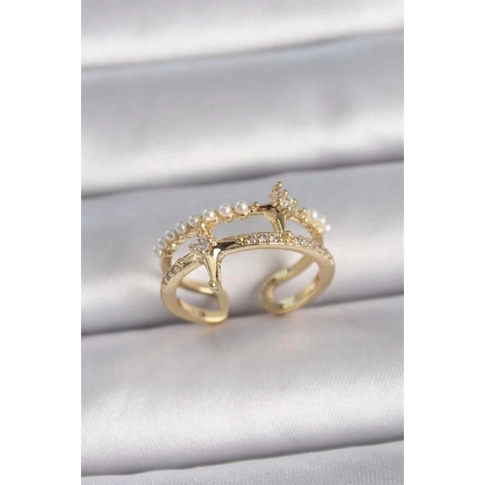 Pirinç Gold Renk Ayarlanabilir Zirkon Taşlı İncili Yıldız Model Kadın Yüzük