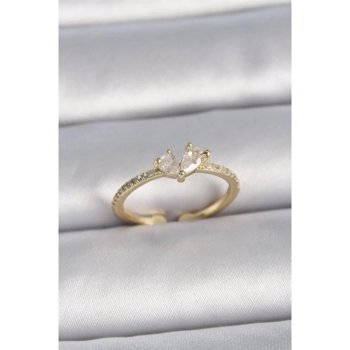 Pirinç Gold Renk Ayarlanabilir Zirkon Taşlı Kalp Model Kadın Yüzük