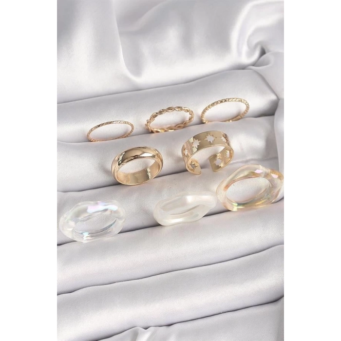 Pirinç Gold Renk Beyaz Akrilik Plastik Modek Kutup Yıldız İşleme Detay Kadın Yüzük Kombini
