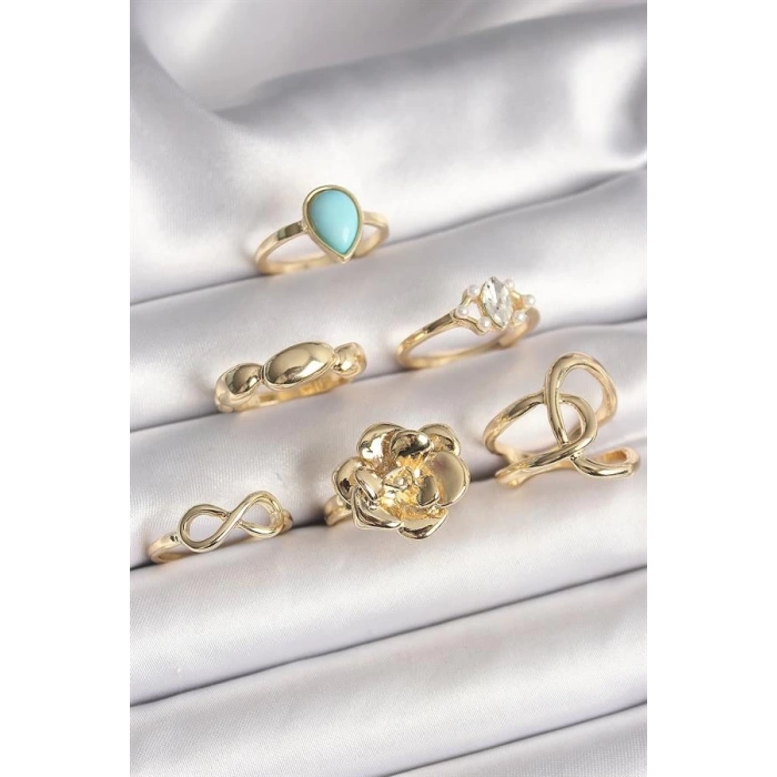 Pirinç Gold Renk Çiçek Model Model Sonsuzluk Zirkon Taş Detaylı 6Lı Kadın Yüzük Seti