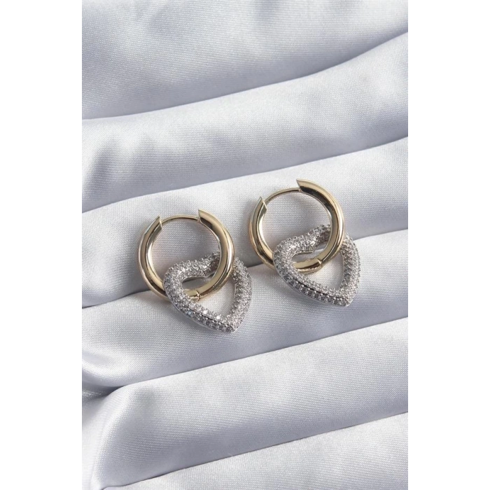 Pirinç Gold Renk Halka Gümüş Zirkon Taşlı Kalp Model VİP Seri Kadın Küpe