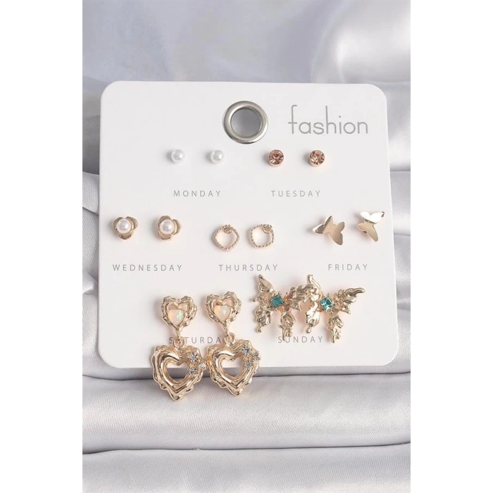 Pirinç Gold Renk İnci Detay Sallantı Kalp Mavi Taş Detaylı Kelebek Figür 7 Çift Kadın Küpe Seti