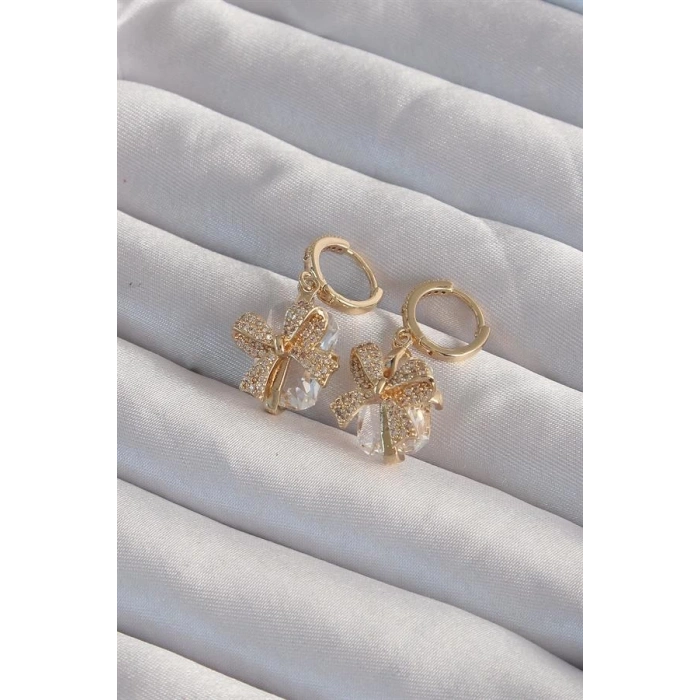 Pirinç Gold Renk İri Zirkon Taşlı Fiyonk Model Halka Küpe