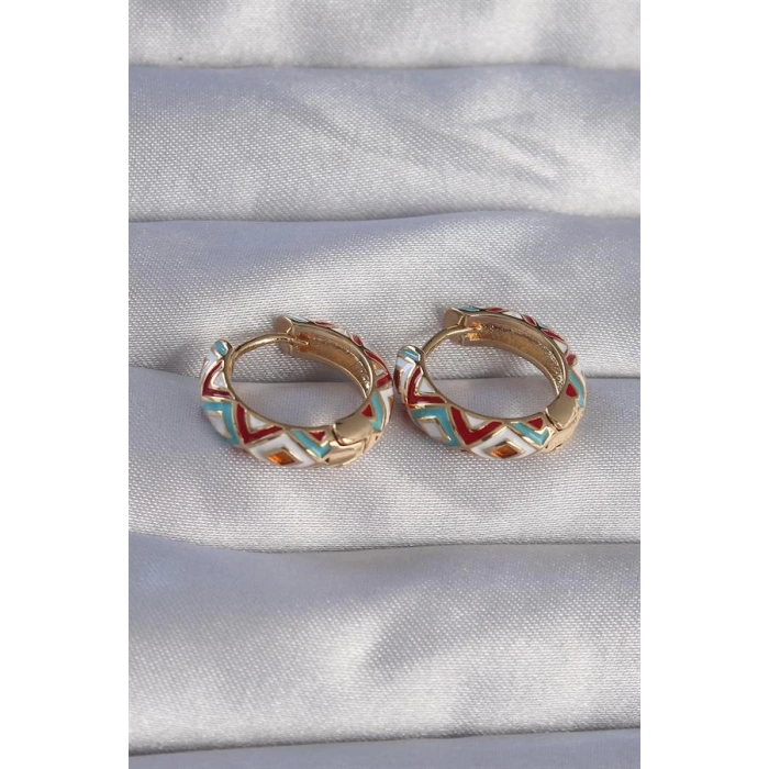 Pirinç Gold Renk Mavili Etnik Desenli Halka Küpe