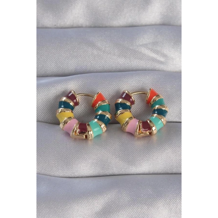 Pirinç Gold Renk Mineli Çok Renkli Kabartmalı Halka Küpe