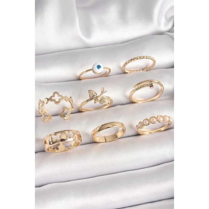 Pirinç Gold Renk Nazar Boncuk Model Kuş Detay Kadın Yüzük Kombini