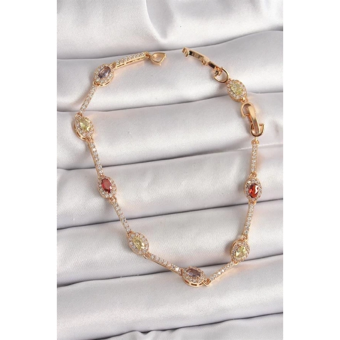 Pirinç Gold Renk Renkli Damla Zirkon Taşlı Kadın Bileklik