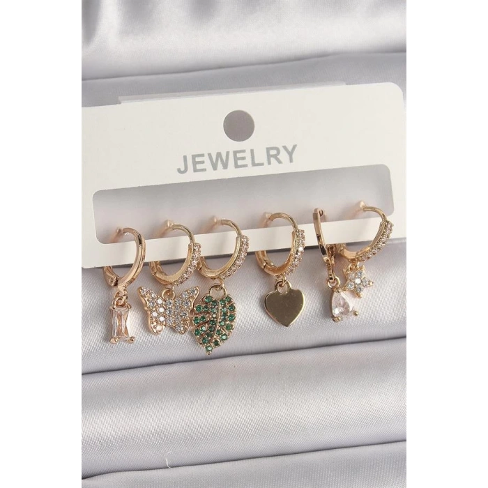 Pirinç Gold Renk Renkli Kelebek Figür Çoklu Figür Kadın Küpe Seti