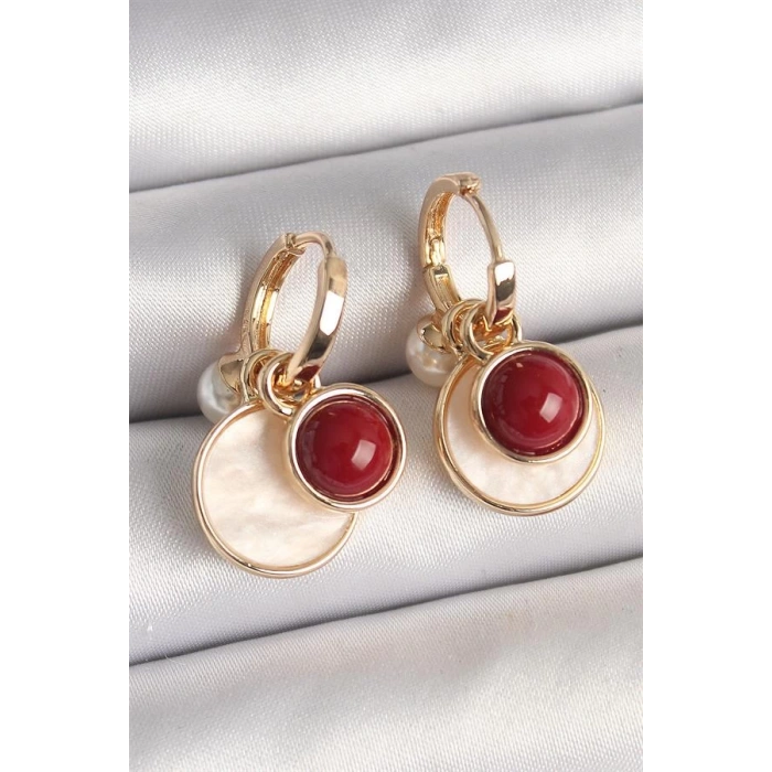 Pirinç Gold Renk Sallantı Beyaz Mineli Bordo Detay Kadın Küpe