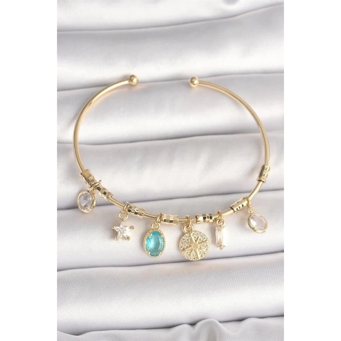 Pirinç Gold Renk Sallantı Zirkon Taş Detaylı Pusula Figür Charm Kadın Bileklik