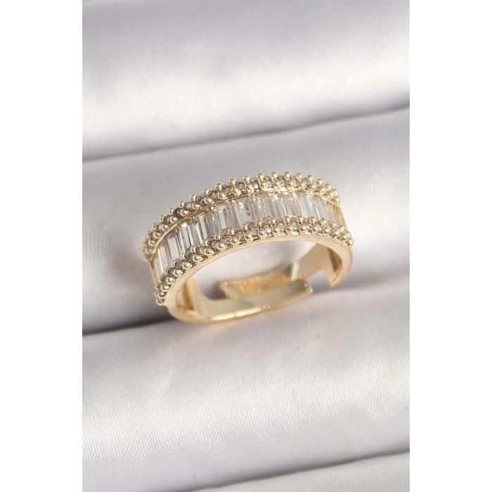 Pirinç Gold Renk Su Yolu Zirkon Taşlı Ayarlanabilir Model Kadın Yüzük