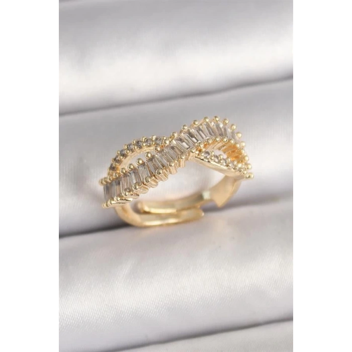 Pirinç Gold Renk Su Yolu Zirkon Taşlı Sonsuzluk Model Ayarlanabilir Kadın Yüzük