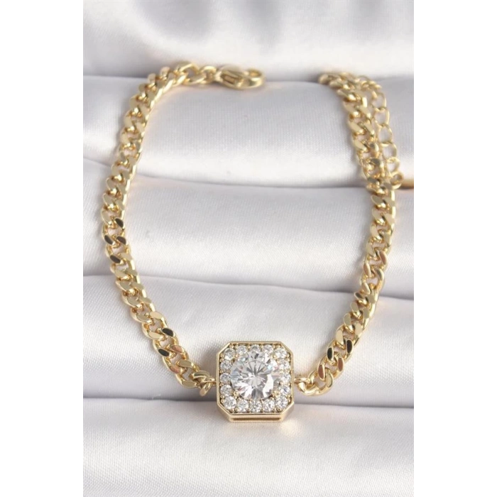 Pirinç Gold Renk Zincir Kare Zirkon Taş Model Xuping VIP Seri Kadın Bileklik