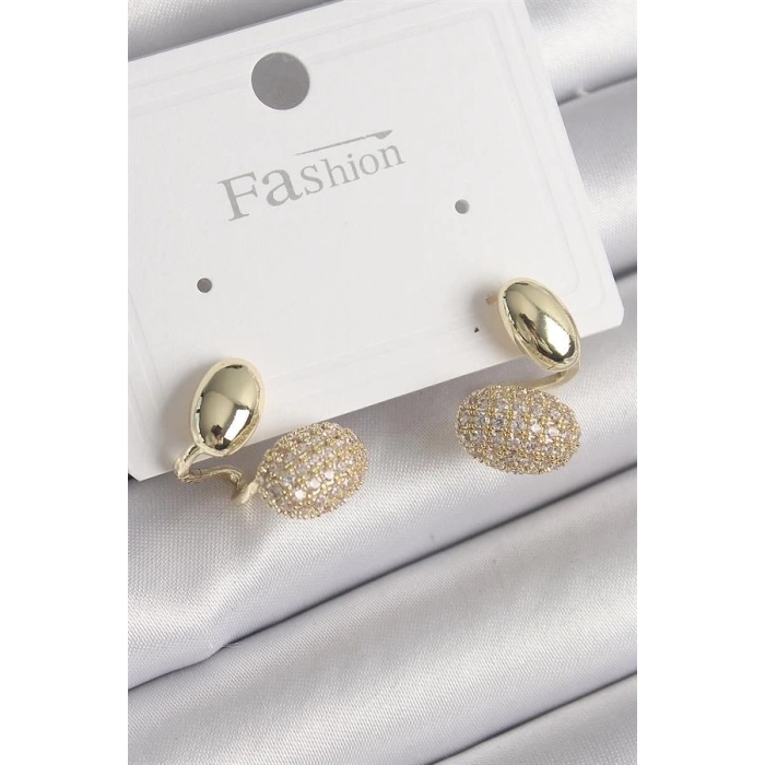 Pirinç Gold Renk Zirkon Taşlı Bombeli Model Kadın Küpe