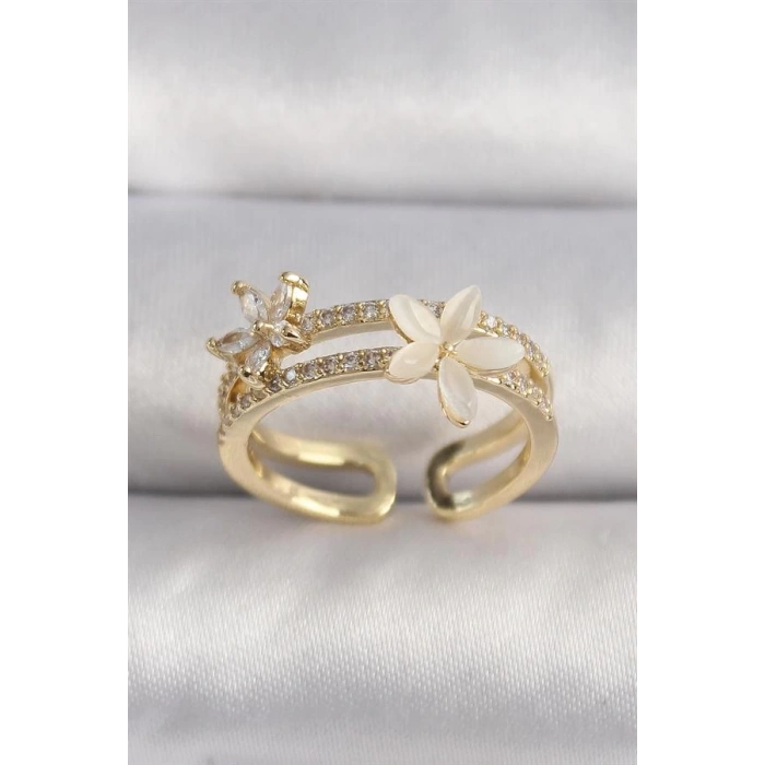 Pirinç Gold Renk Zirkon Taşlı Çiçek Model VIP Seri Kadın Yüzük