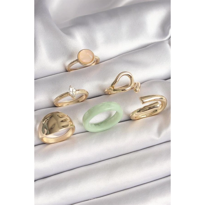 Pirinç Gold Renk Zirkon Taşlı Daire Pembe Mineli Detay 6Lı Kadın Yüzük Seti
