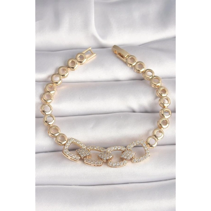 Pirinç Gold Renk Zirkon Taşlı Daire Zincir Model Kadın Bileklik