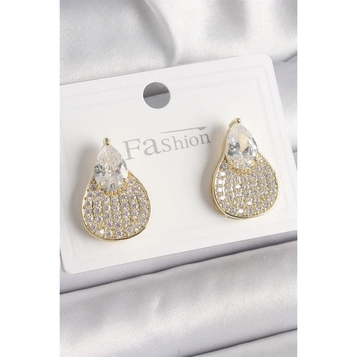Pirinç Gold Renk Zirkon Taşlı Damla Model Kadın Küpe