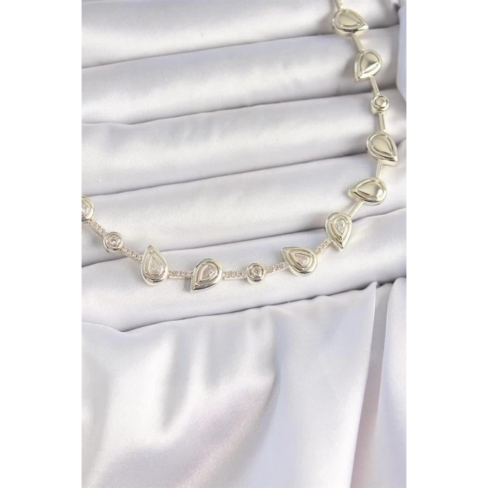 Pirinç Gold Renk Zirkon Taşlı Damla Model VIP Seri Exclusive Kadın Kolye