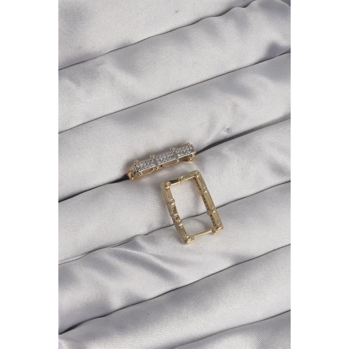 Pirinç Gold Renk Zirkon Taşlı Dikdörtgen Model Seranay Küpe