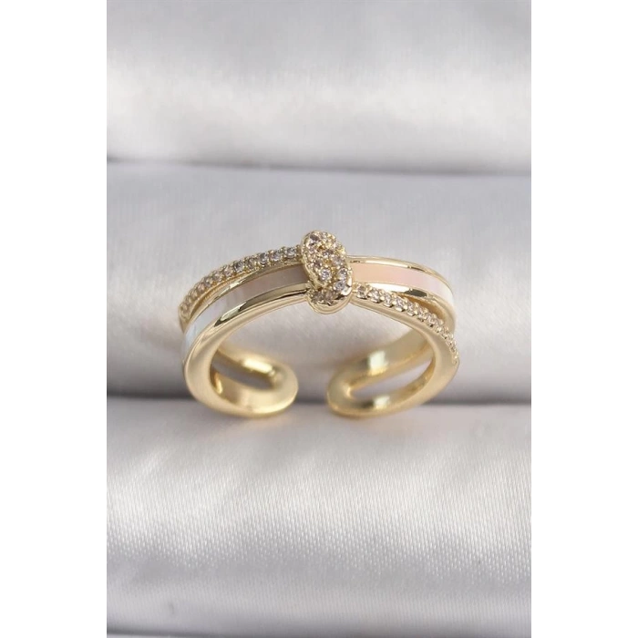 Pirinç Gold Renk Zirkon Taşlı Düğüm Model VIP Seri Kadın Yüzük