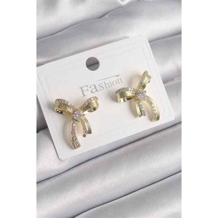 Pirinç Gold Renk Zirkon Taşlı Fiyonk Model Kadın Küpe