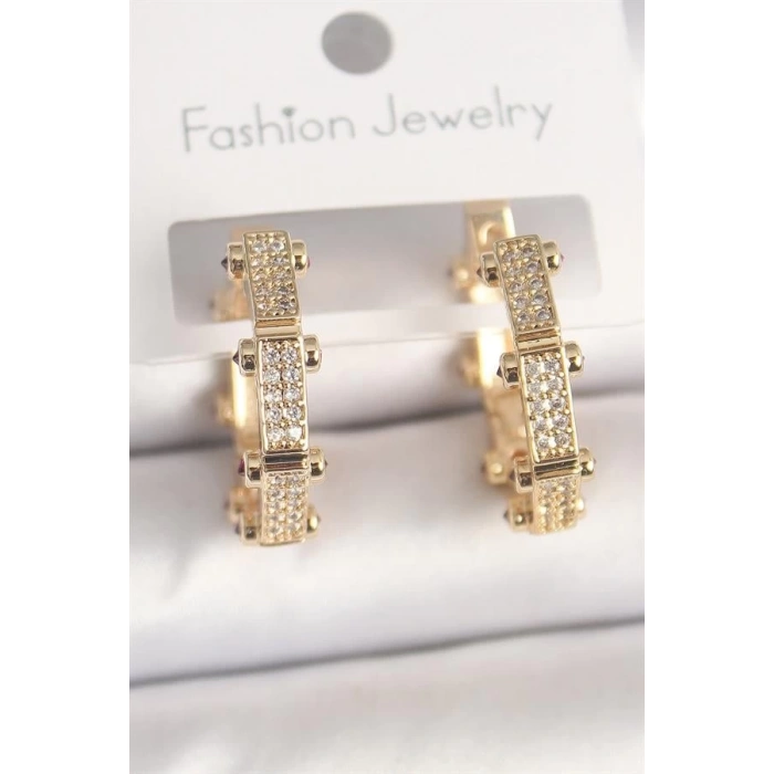 Pirinç Gold Renk Zirkon Taşlı Halka Model Kadın Küpe