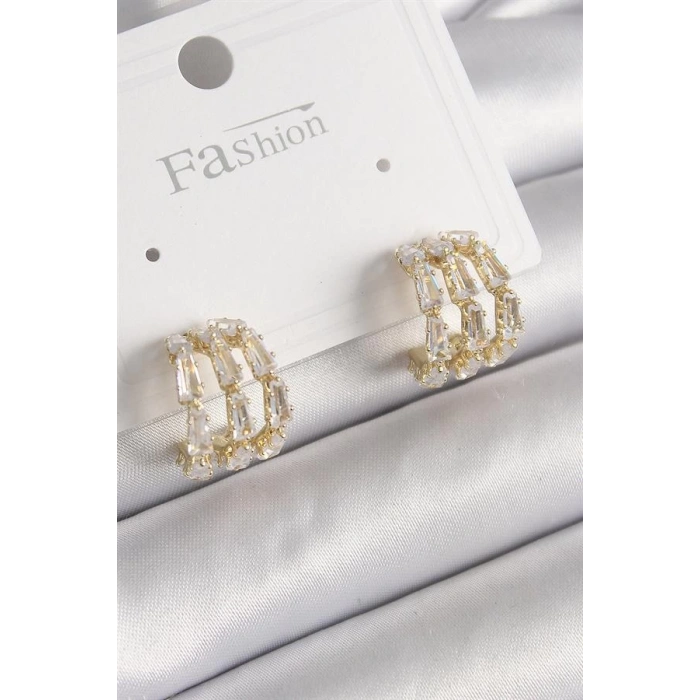 Pirinç Gold Renk Zirkon Taşlı Halka Model Kadın Küpe