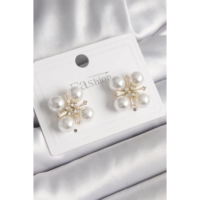 Pirinç Gold Renk Zirkon Taşlı İncili Kadın Küpe