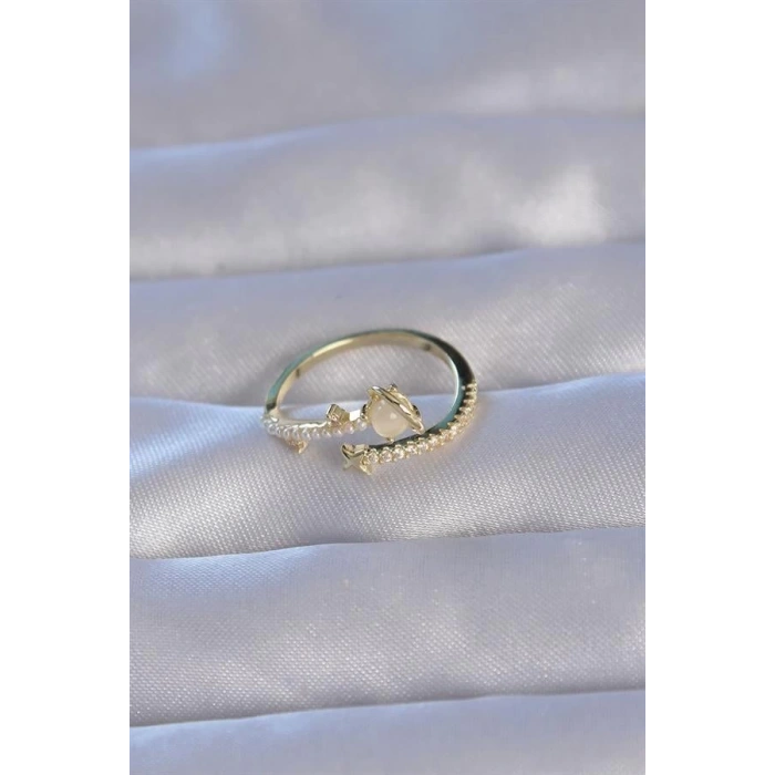 Pirinç Gold Renk Zirkon Taşlı İncili Satürn Model Ayarlanabilir Yüzük