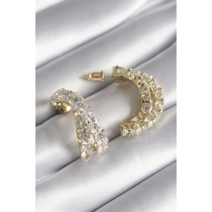 Pirinç Gold Renk Zirkon Taşlı Kadın Küpe