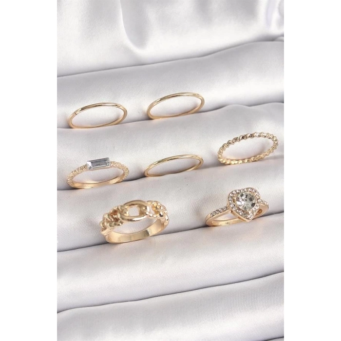 Pirinç Gold Renk Zirkon Taşlı Kalp Figür Düğüm Detay Kadın Yüzük Kombini