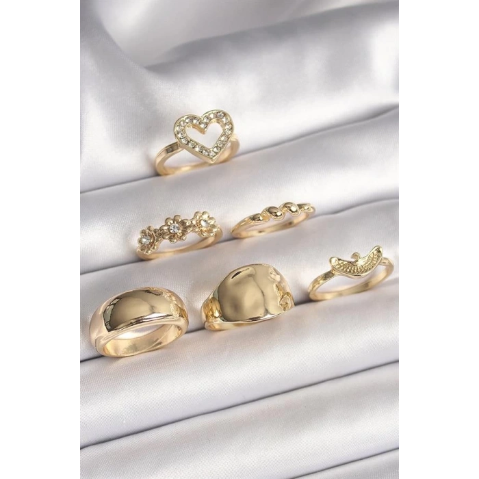 Pirinç Gold Renk Zirkon Taşlı Kalp Figür Kuş Detay 6Lı Kadın Yüzük Seti