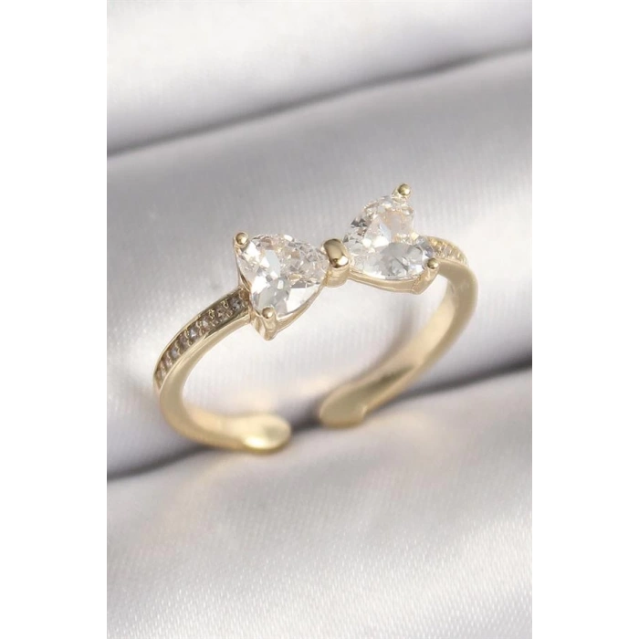 Pirinç Gold Renk Zirkon Taşlı Kalp Fiyonk Model Kadın Yüzük