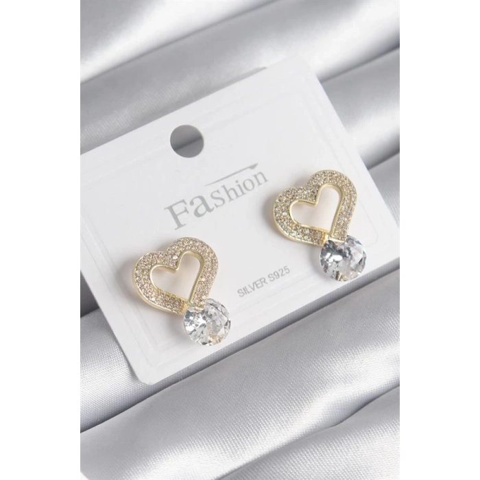 Pirinç Gold Renk Zirkon Taşlı Kalp Model Damla Zirkon Taş Detay Kadın Küpe